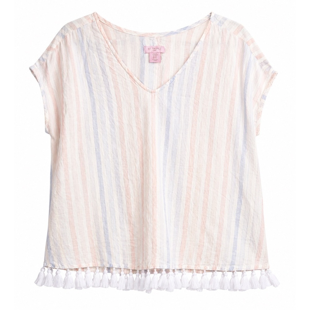 St. Tropez West Linen Metallic Stripe Fringe Top XL Coastal Boho Resort Cover Up